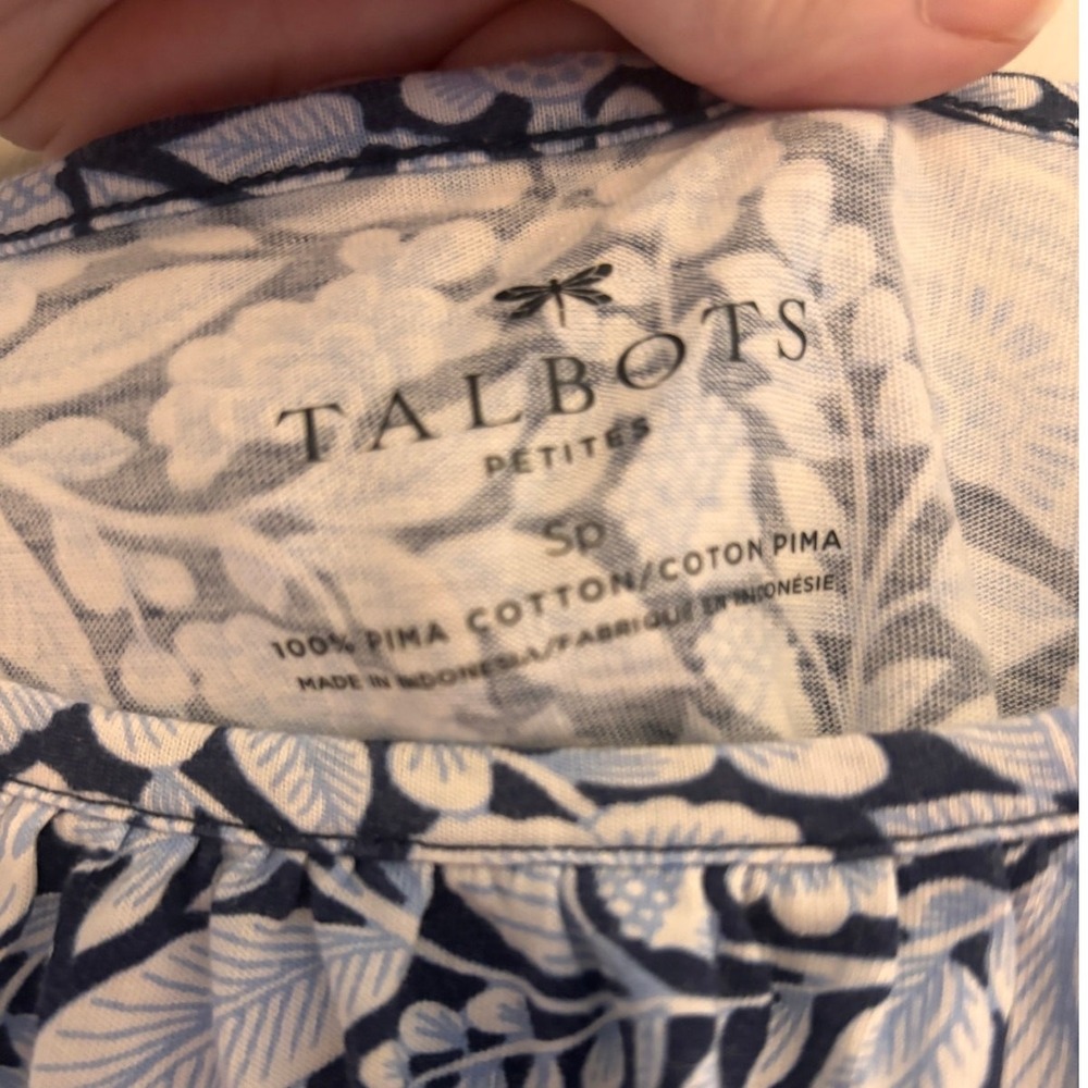 Talbots Petites Navy Blue Floral Print Pima Cotton Tie Sleeve Top Size SP - Picture 5 of 7